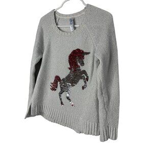 Justice Girls 8 Unicorn Sweater Flip Sequin Metallic Knit Gray Top